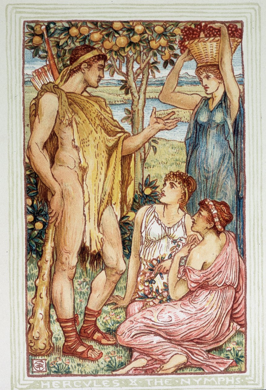 Herkules (Herakles) och nymferna - i "" En underbok för flickor och pojkar"" av Walter Crane av Walter Crane
