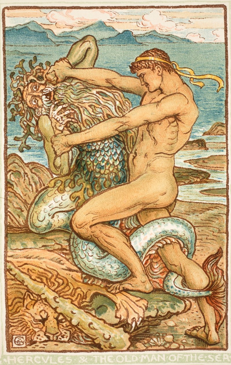 Hercules and the Old Man of the Sea, illustration från "A Wonder-Book for Girls and Boys" av Nathaniel Hawthorne, 1852 av Walter Crane