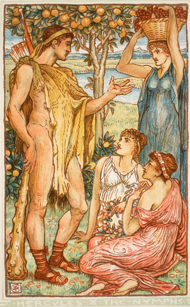 Hercules and the nymphs, illustration från "A Wonder-Book for Girls and Boys" av Nathaniel Hawthorne, 1852 av Walter Crane