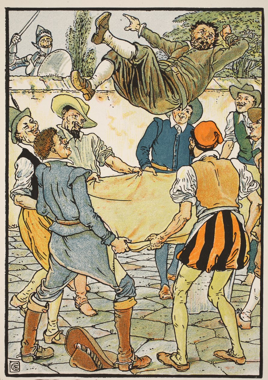 How Sancho Paid the Reckoning, illustration från "Don Quijote of the Mancha" återberättad av Judge Parry, pub. Blackie und Son Ltd, London, 1900 av Walter Crane