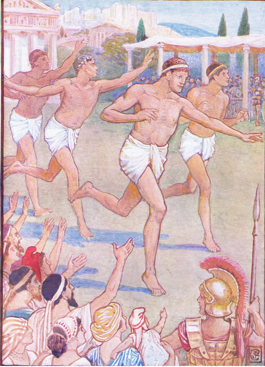 I de tidigaste tiderna var ett enkelt fotlopp den enda händelsen, illustration från The Story of Greece, 1930-talet av Walter Crane