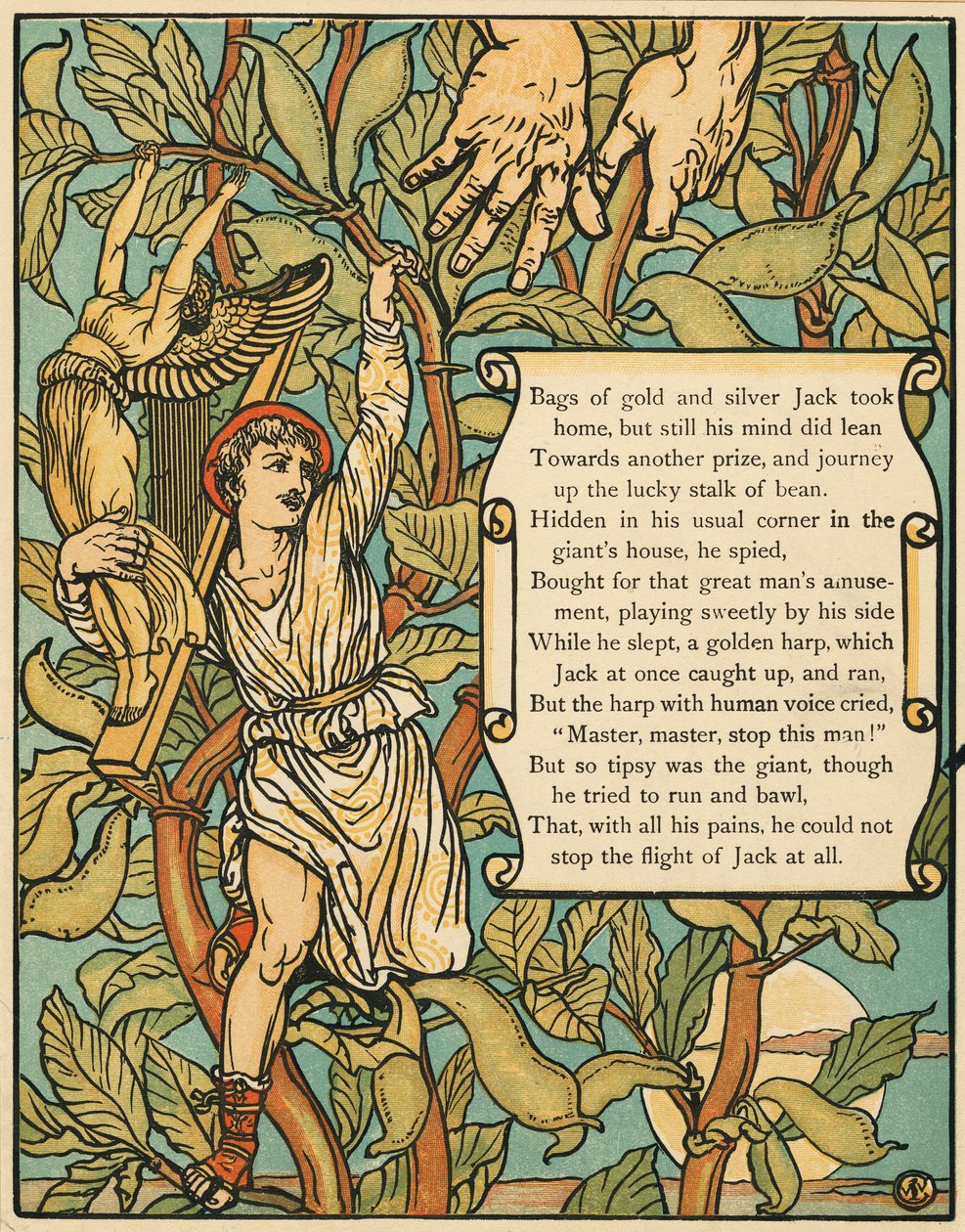 Jack nedstigande Beanstalk från Jack and the Beanstalk pub. 1875 (lito i färg) av Walter Crane