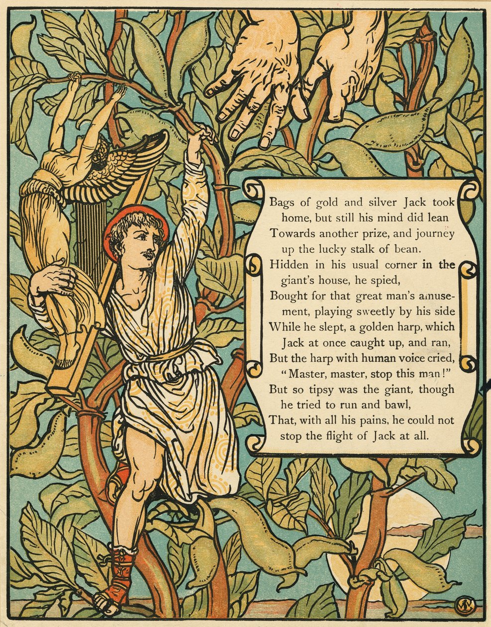 Jack nedstigande Beanstalk från Jack and the Beanstalk pub. 1875 färglitografi, 1875. av Walter Crane