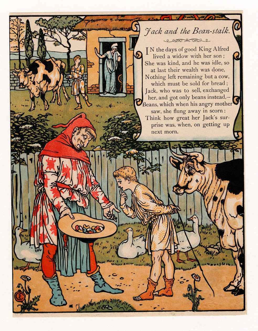 Jack säljer sin ko för bönor, från The Blue Beard Picture Book, pub. 1879 färglitografi, 1879. av Walter Crane