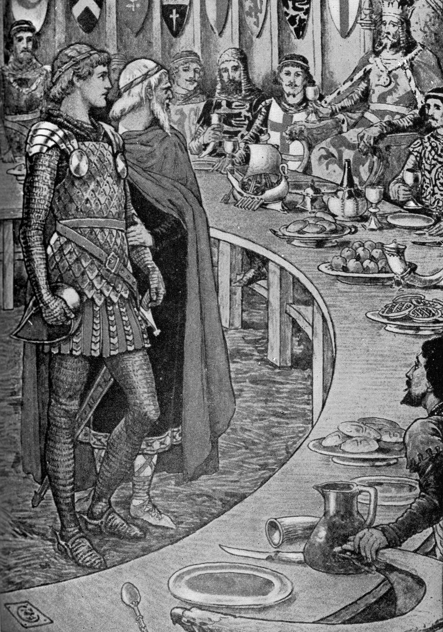 Kung Arthur- En gammal man presenterar Sir Galahad. av Walter Crane
