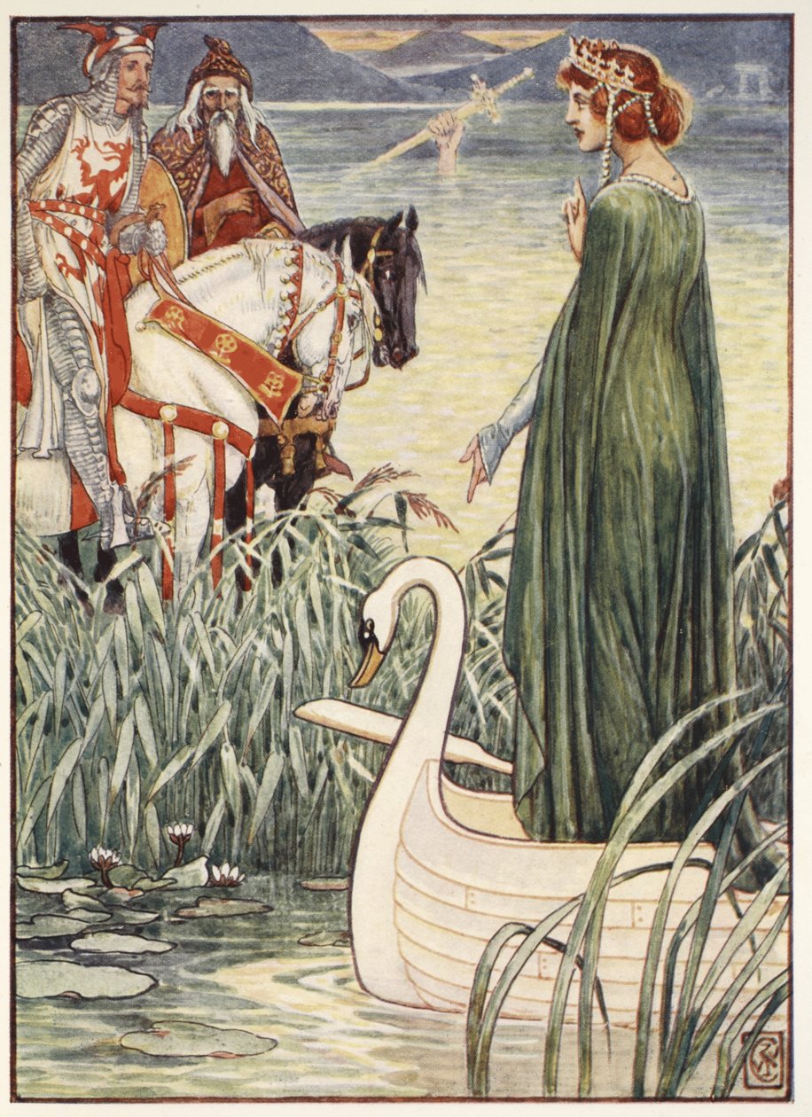 Kung Arthur ber Lady of the Lake om svärdet Excalibur, från "Stories of the Knights of the Round Table" av Henry Gilbert, första upplagan, 1911 av Walter Crane