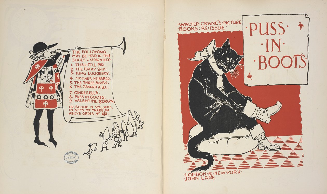 「長ぐつをはいた猫」の目次とタイトルページ.swedish av Walter Crane