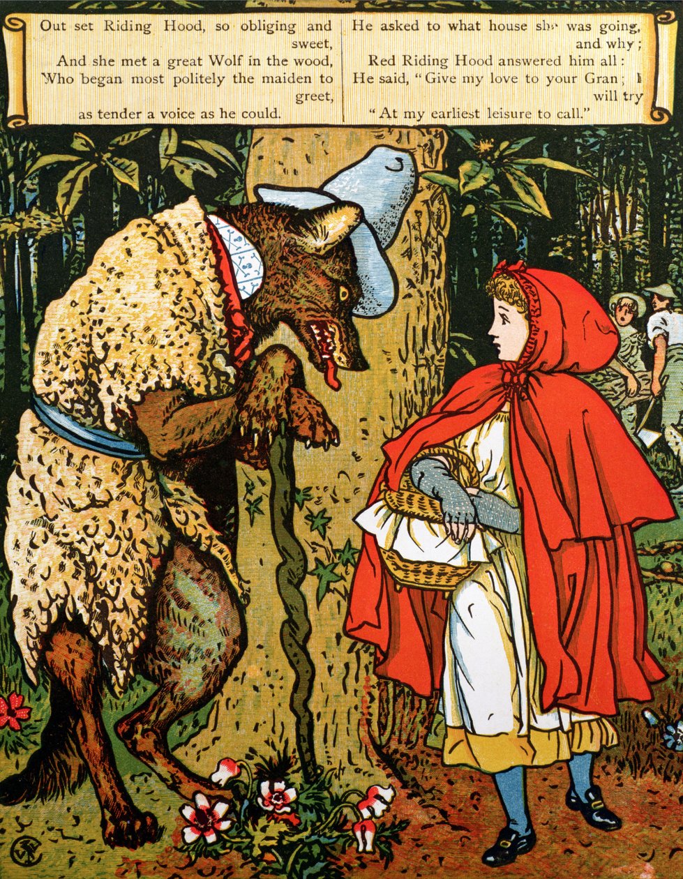 "Rödluvan", vargen som stöter på henne i skogen av Walter Crane