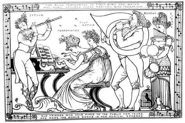 "Gamla vänner som har spridit till allmänheten i åratal och fått världen att dansa i hennes musikaliska sfärer" (litho) (s/v foto) av Walter Crane