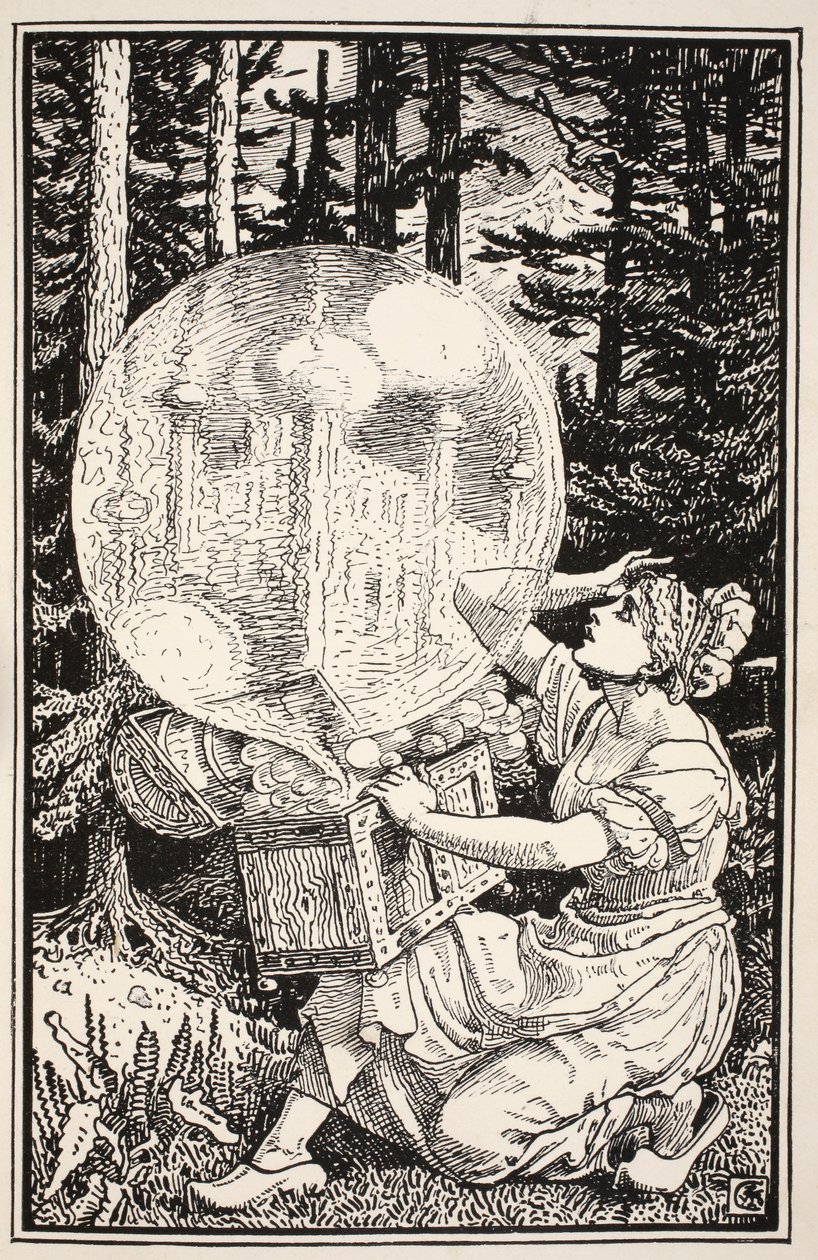 Ut kom en kupol av glas som en såpbubbla som steg upp i luften, illustration från 