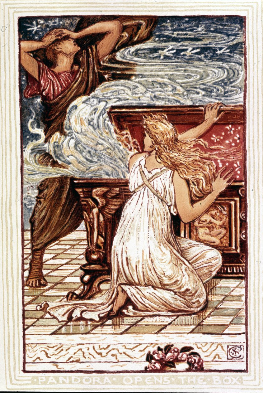 Pandora öppnar lådan. Illustration av Walter Crane för "Wonder book for girls and boys", London 1893. av Walter Crane