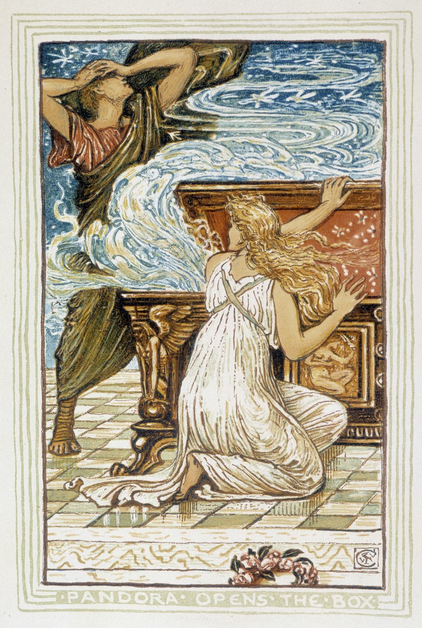 Pandora öppnar lådan - i "" En underbok för flickor och pojkar: hagtorn", av Walter Crane. 1895 av Walter Crane