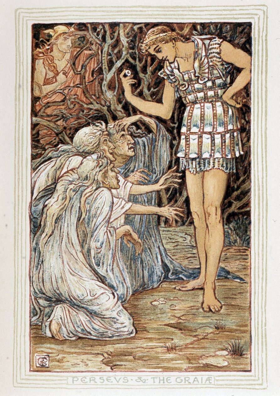 Persee and the Graia (Beotie, Grekland) - Han träffar tre gamla kvinnor (häxor?) - i "" En underbok för flickor och pojkar"" av Walter Crane (1845-1915) av Walter Crane