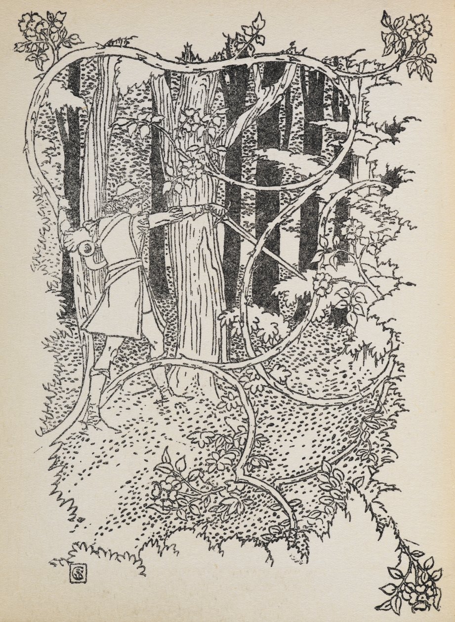 Prince Charming skär sig genom den igenvuxna skogen till Törnrosa. av Walter Crane