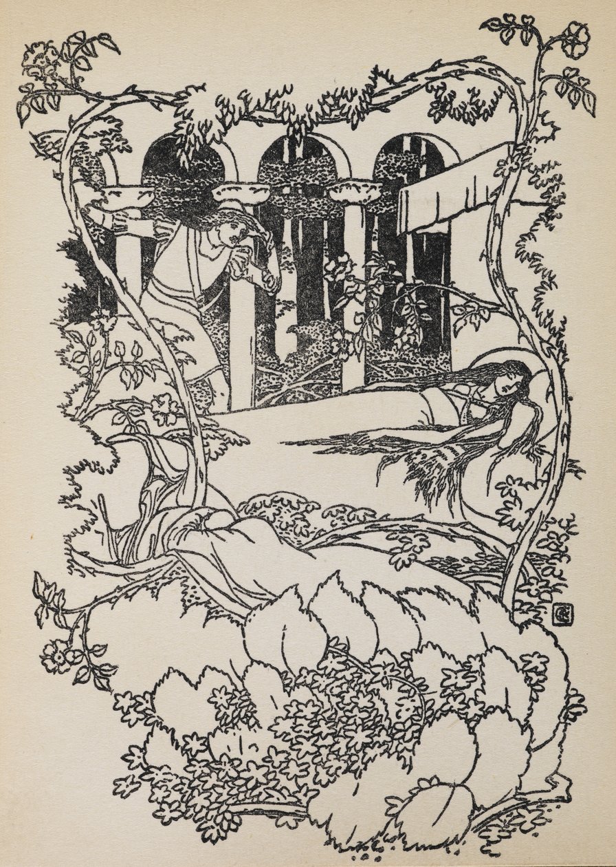 Prince Charming hittar Törnrosa sovande i en byggnad bevuxen med taggar. av Walter Crane