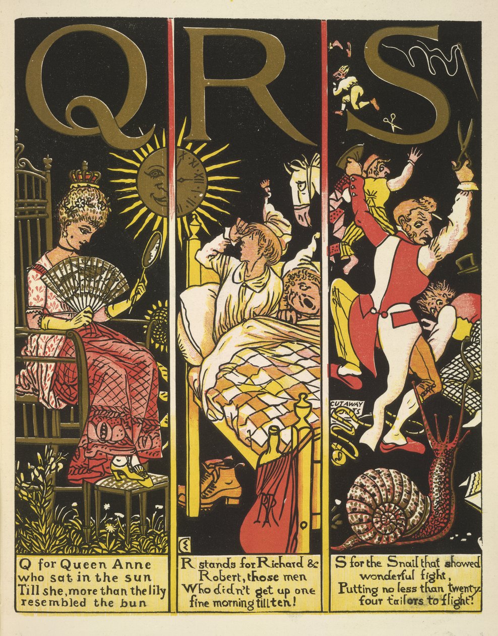 QRS-Q för Queen Anne; R står för Richard & Robert; och S för snigeln av Walter Crane
