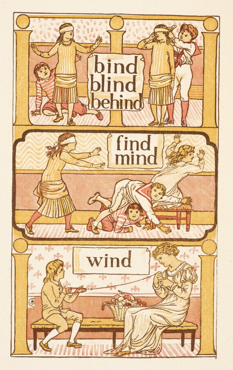 Rimande ord som slutar på bokstaven D. Ett spel med blind mans buff. För att illustrera användningen av bokstaven i. Den gyllene primern. av Walter Crane