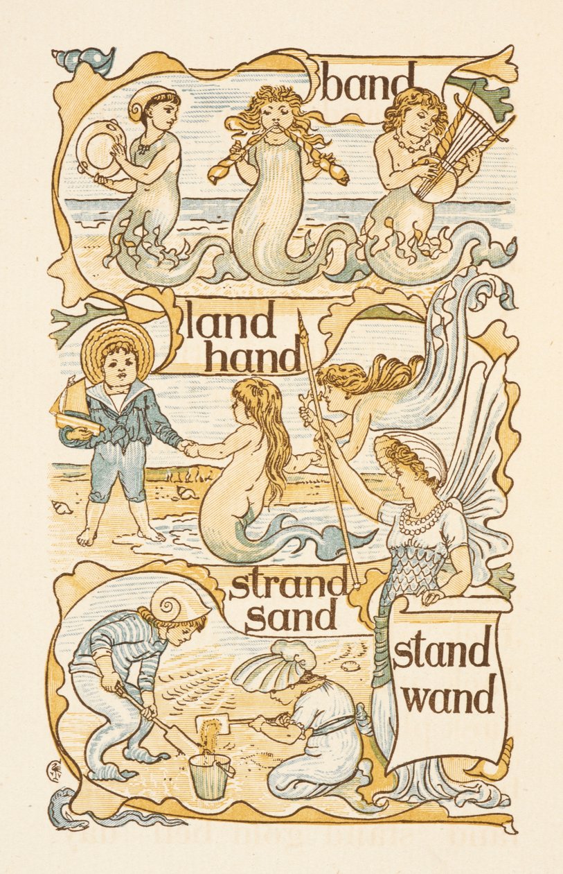 Rimande ord som slutar på bokstaven D. Sjöjungfrur. Barn som bygger sandslott på en strand. Den gyllene primern. av Walter Crane