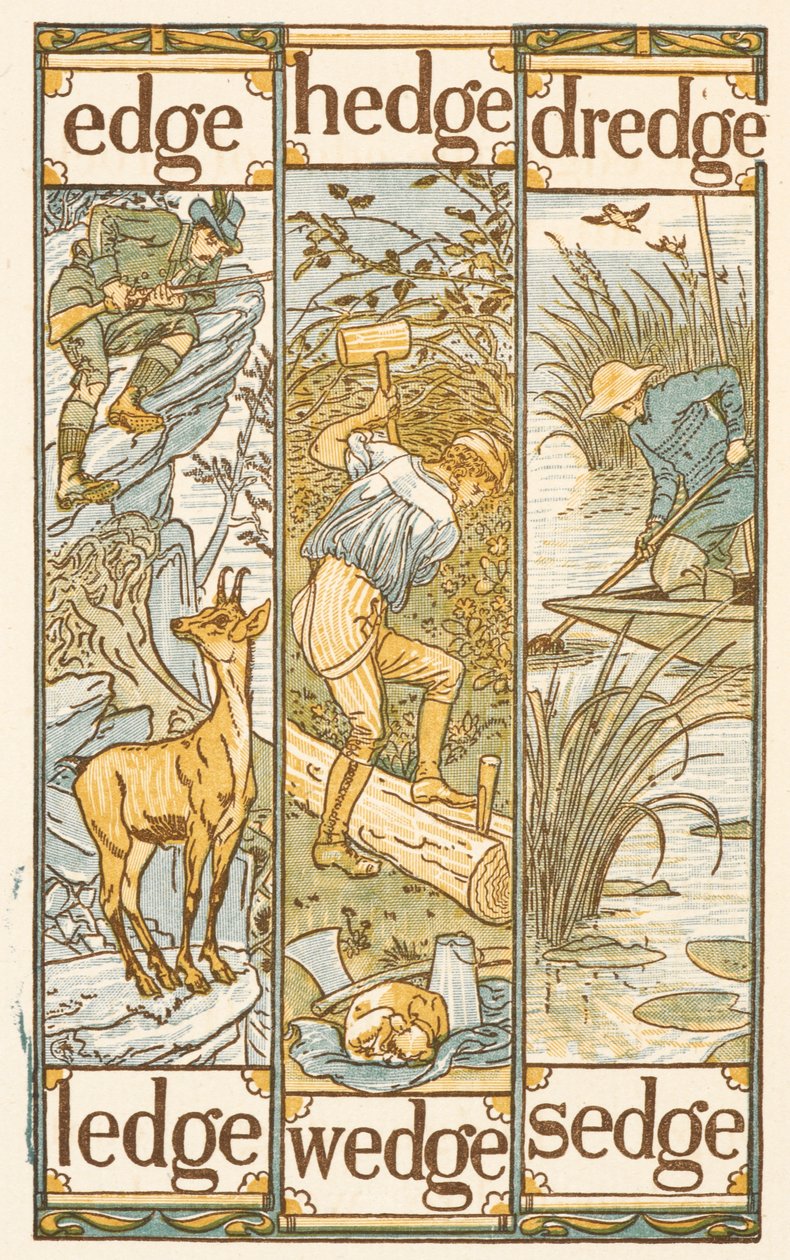 Rimande ord som slutar på bokstaven E. The Golden primer. av Walter Crane