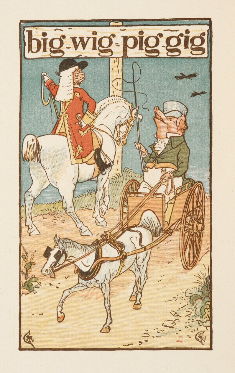 Rimande ord som slutar på bokstaven G. En illustration som visar en gris som rider på en häst och en annan kör en vagn. Den gyllene primern. av Walter Crane