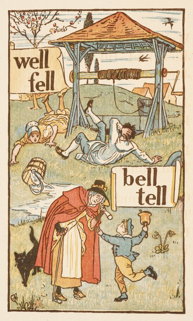 Rimande ord som slutar på bokstaven L. En pojke med en klocka. En gammal kvinna och hennes katt. Den gyllene primern. av Walter Crane