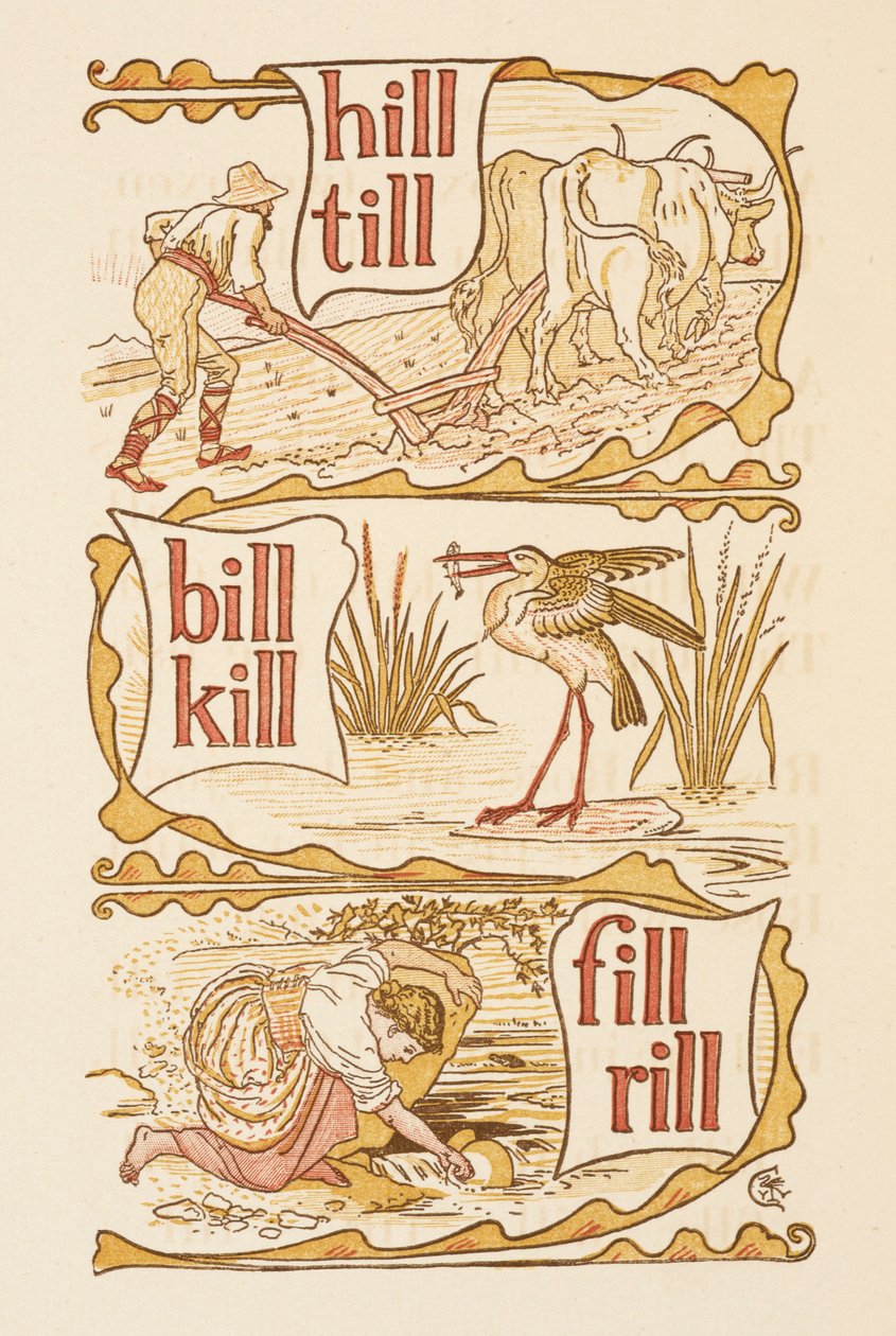 Rimord som slutar på bokstaven L. Plöjning. En stork. Den gyllene primern. av Walter Crane