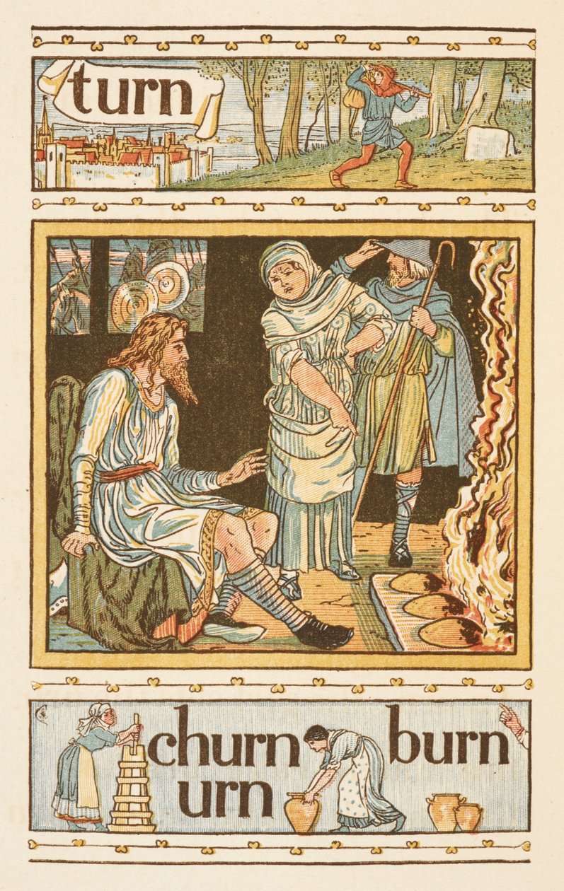 Rimande ord som slutar på bokstaven N. En illustration, visar möjligen kung Alfred och de brinnande kakorna. Den gyllene primern. av Walter Crane