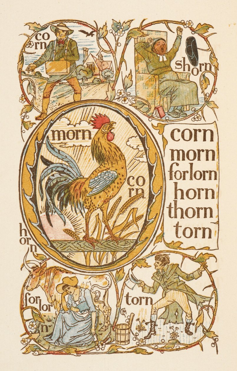 Rimande ord som slutar på bokstaven N. För att illustrera användningen av bokstaven O. The Golden primer. av Walter Crane