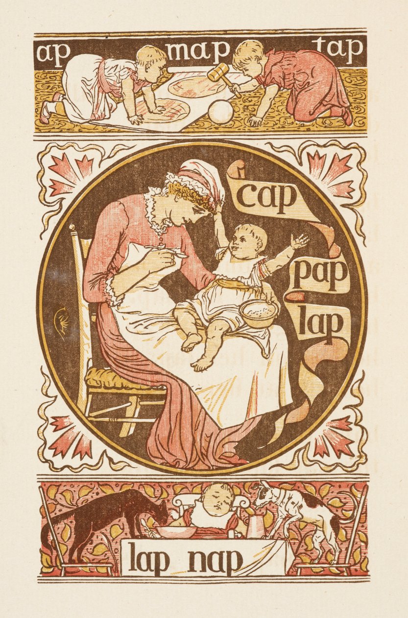 Rimande ord som slutar på bokstaven P. En illustration som visar en kvinna som matar ett barn. Den gyllene primern. av Walter Crane