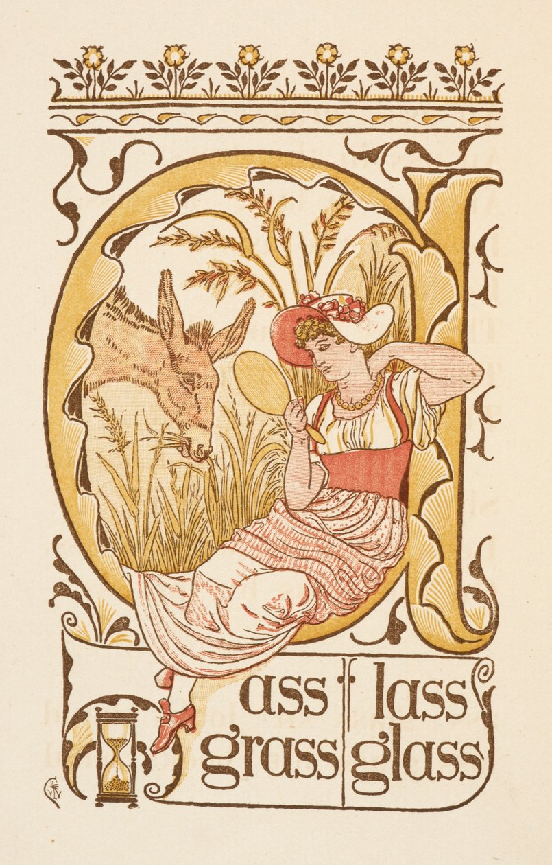 Rimande ord som slutar på bokstaven S. En kvinna som håller i en ansiktsspegel. Den gyllene primern. av Walter Crane
