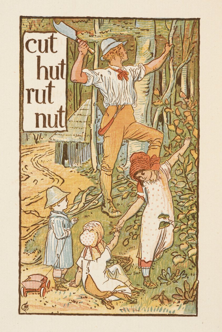 Rimande ord som slutar på bokstaven T. En illustration som visar en man som skär ett träd. Tre barn är med honom. Den gyllene primern. av Walter Crane