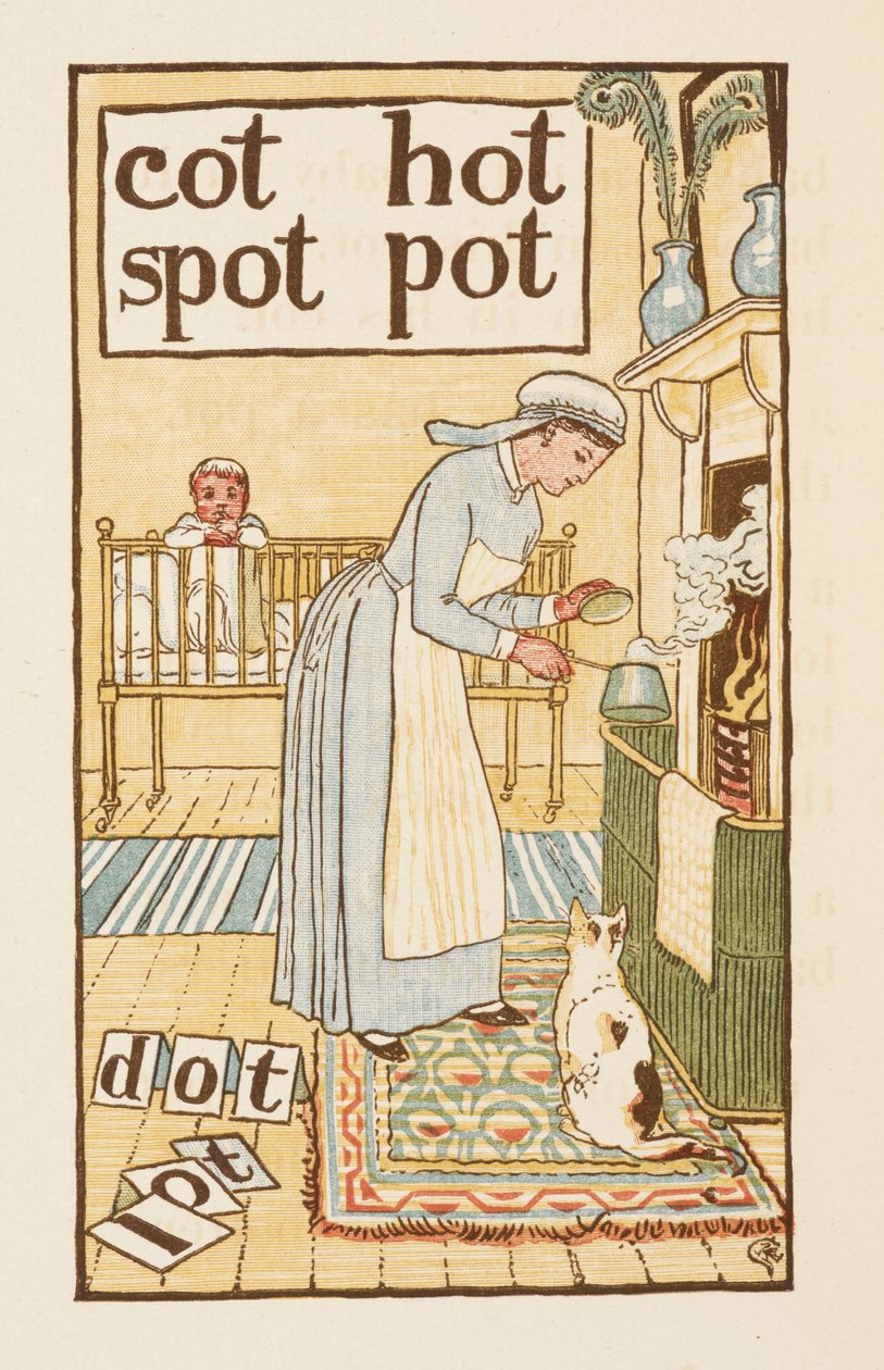 Rimande ord som slutar på bokstaven T. En illustration som visar en sköterska som kokar en gryta för ett sjukt barn. Den gyllene primern. av Walter Crane