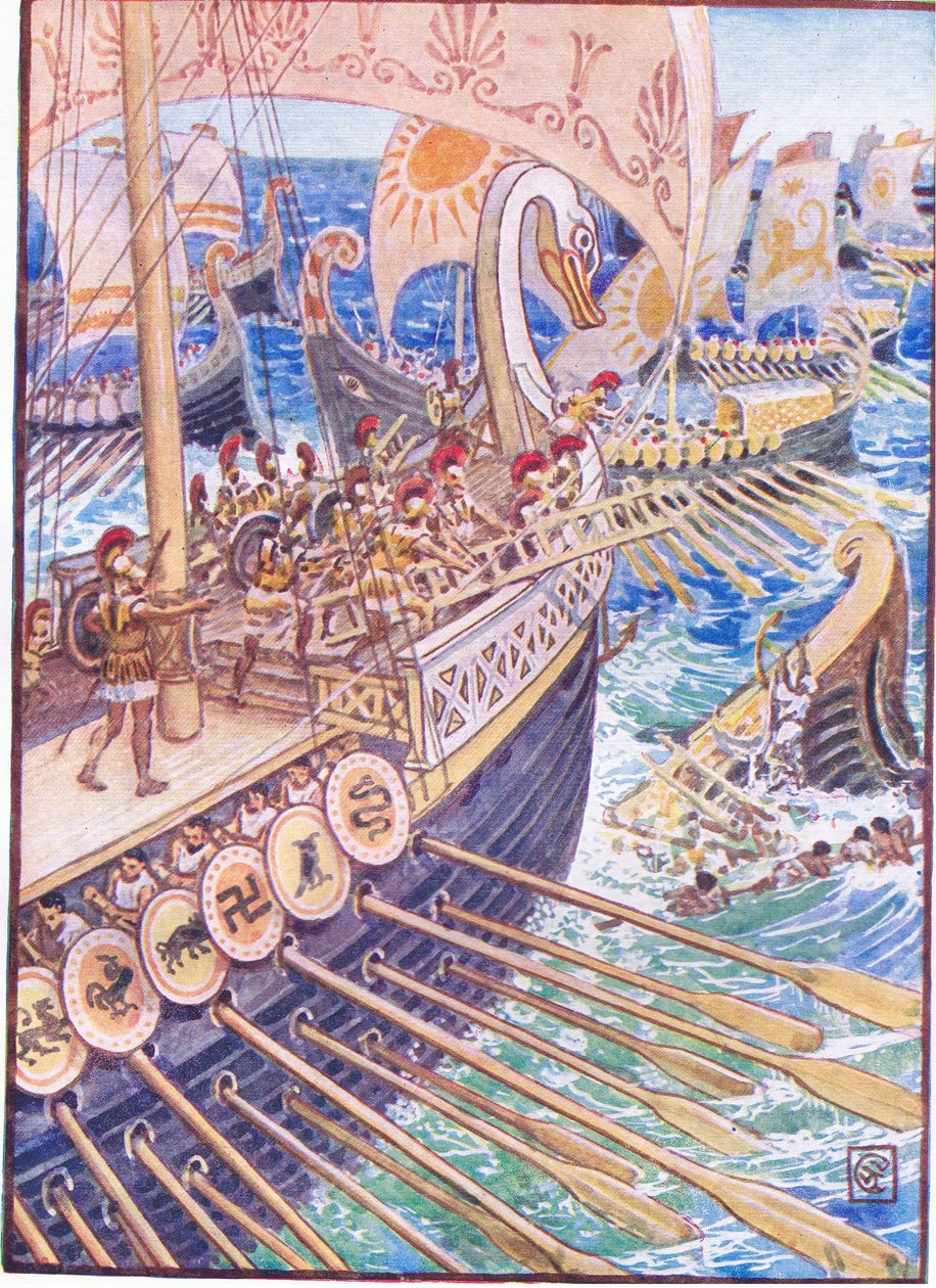 Skepp rusade mot skepp, tills de persiska döda strödde ut djupet som blommor, illustration från The Story of Greece, 1930-talet av Walter Crane