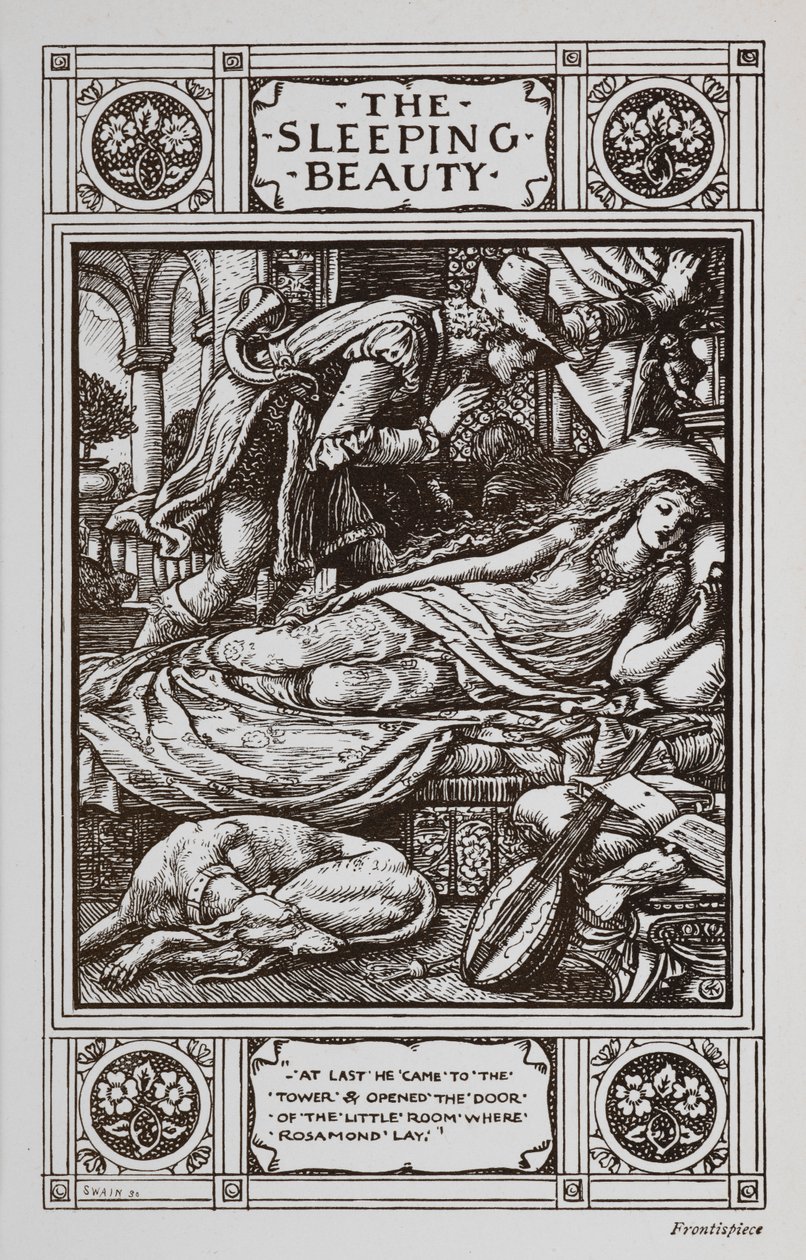 Törnrosa ligger och sover omgiven av en sovande hund och ett musikinstrument medan Prince Charming vakar över henne. av Walter Crane