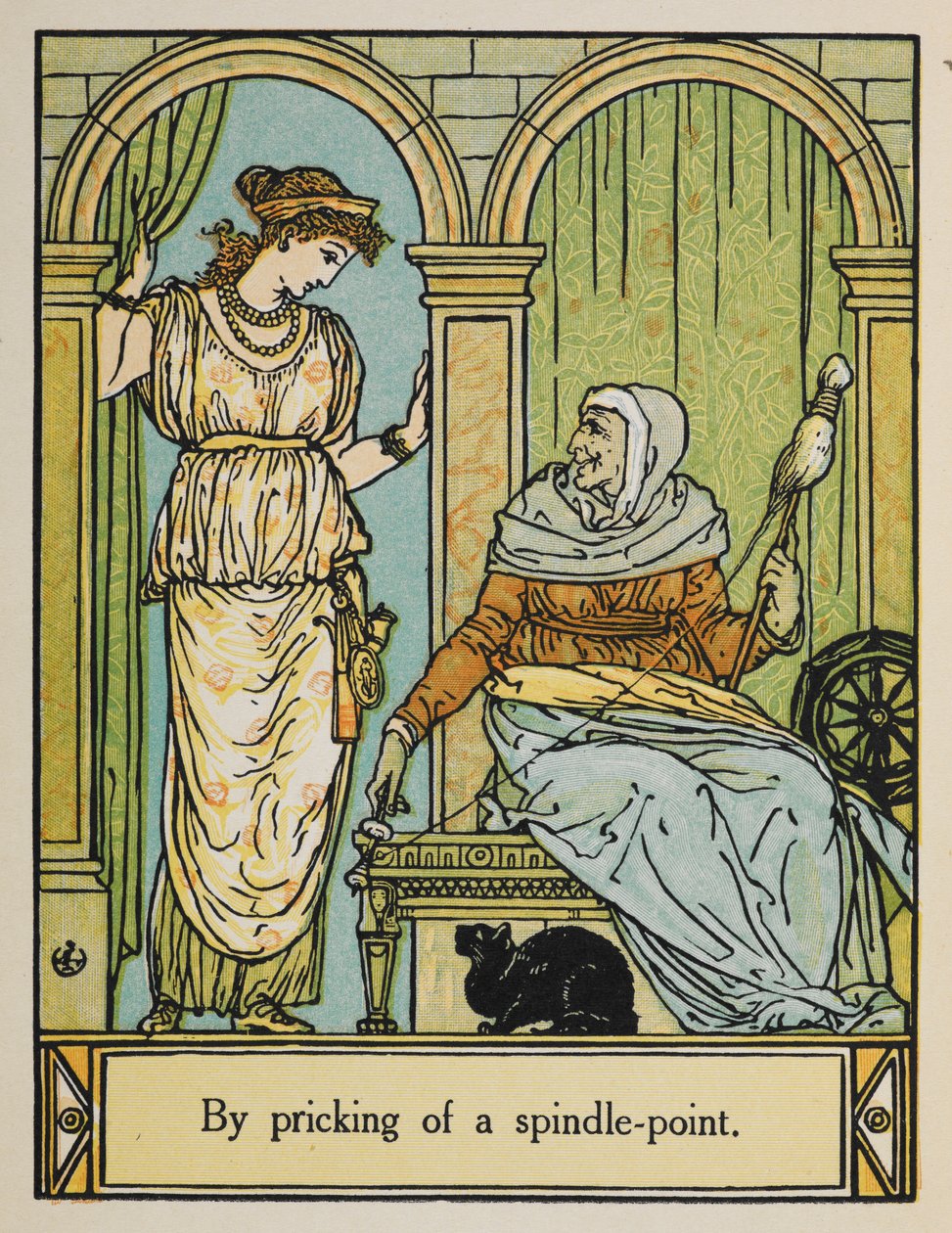Törnrosa står bredvid en gammal kvinna med spinnhjul och tråd. En svart katt sitter under. av Walter Crane