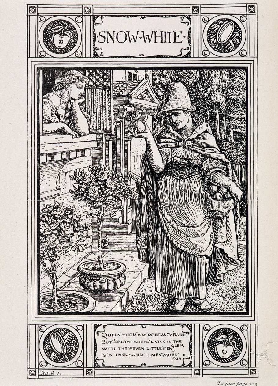 Snövit och häxan som sköter sitt äpple - i "" Hushållshistorier från samlingen av Bros Grimm", översatt från tyska av Lucy Crane, London mac millan & Co ltd av Walter Crane