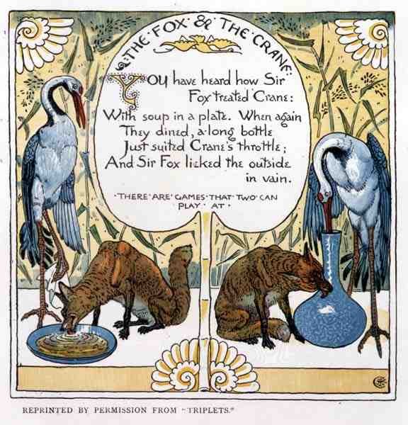 Räven och tranan, från Trillingarna av Walter Crane
