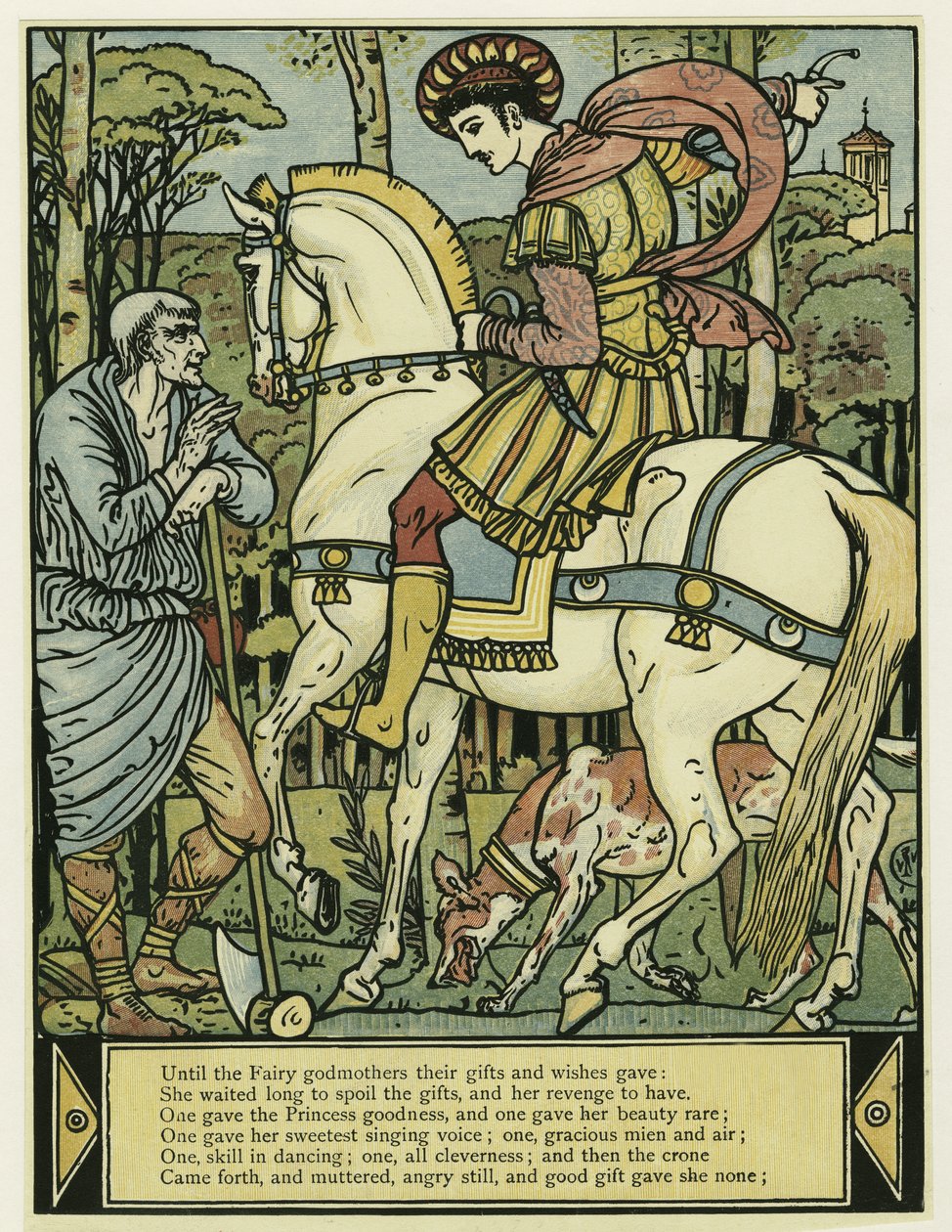 Prinsen frågar vägen, från The Blue Beard Picture Book, pub. 1879 (lito i färg) av Walter Crane