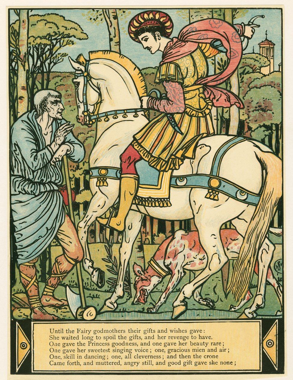 Prinsen frågar vägen, från The Blue Beard Picture Book, pub. 1879 färglitografi, 1879. av Walter Crane