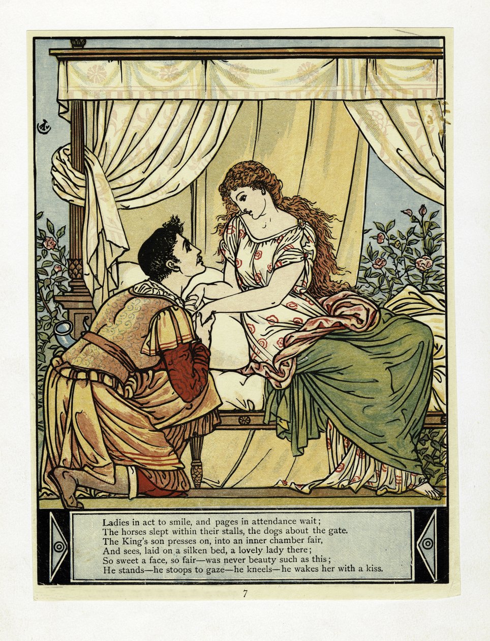 Prinsen väcker skönhet, från The Blue Beard Picture Book, pub. 1879 (lito i färg) av Walter Crane