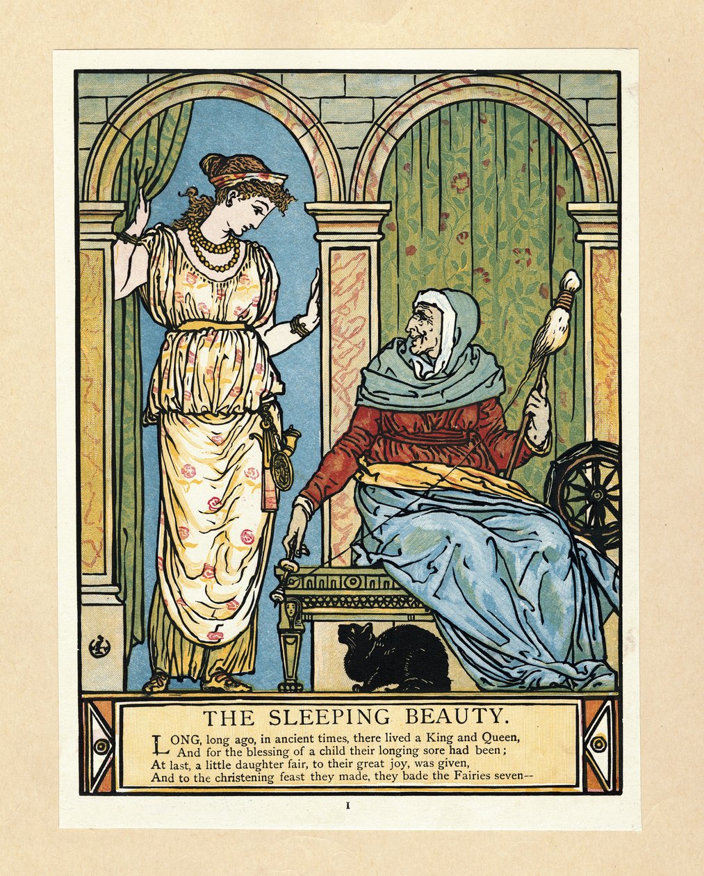 Prinsessan lär sig snurra, från The Blue Beard Picture Book, pub. 1879 (lito i färg) av Walter Crane