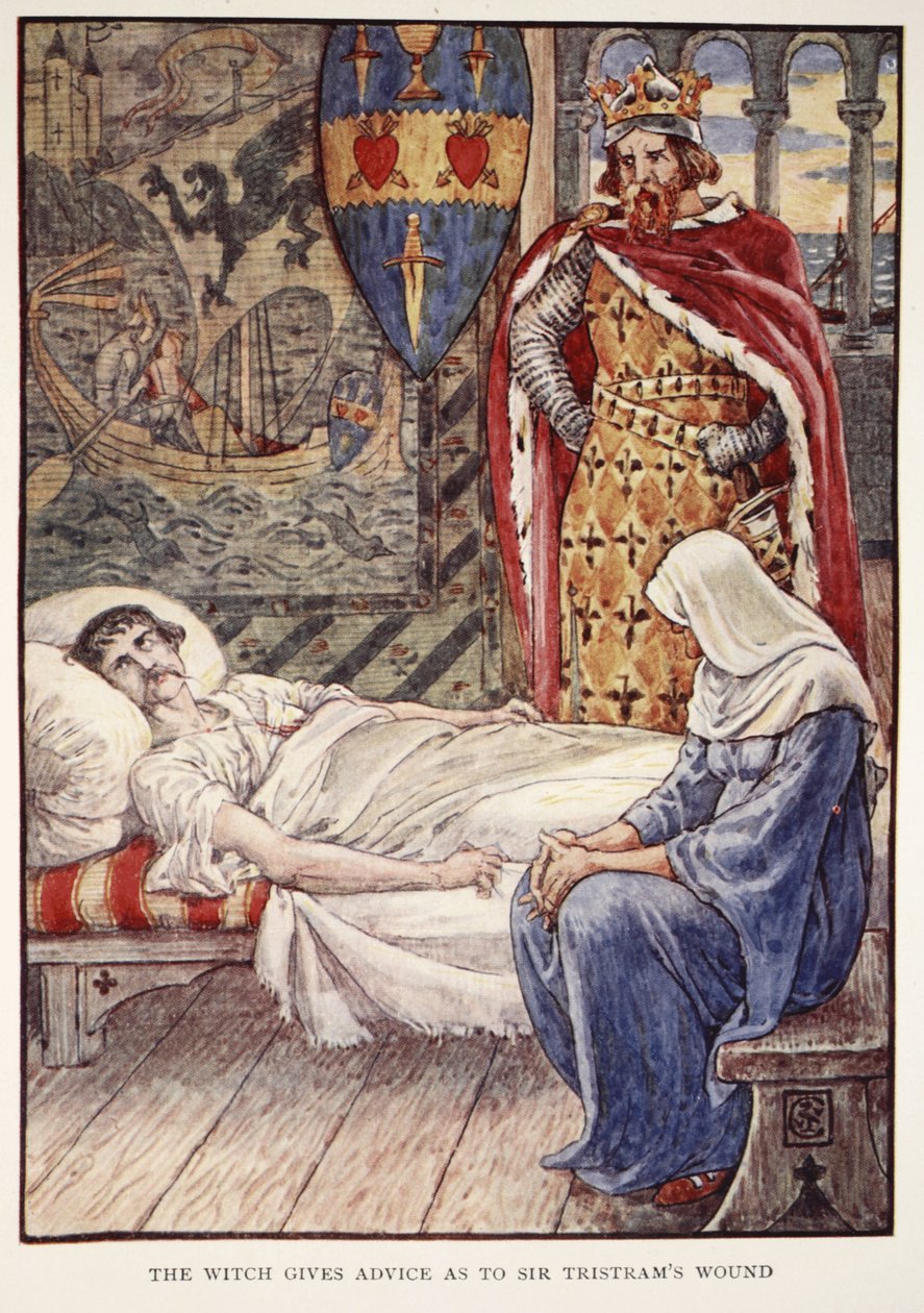 Häxan ger råd om Sir Tristrams sår, från "Stories of the Knights of the Round Table" av Henry Gilbert, första upplagan, 1911 av Walter Crane