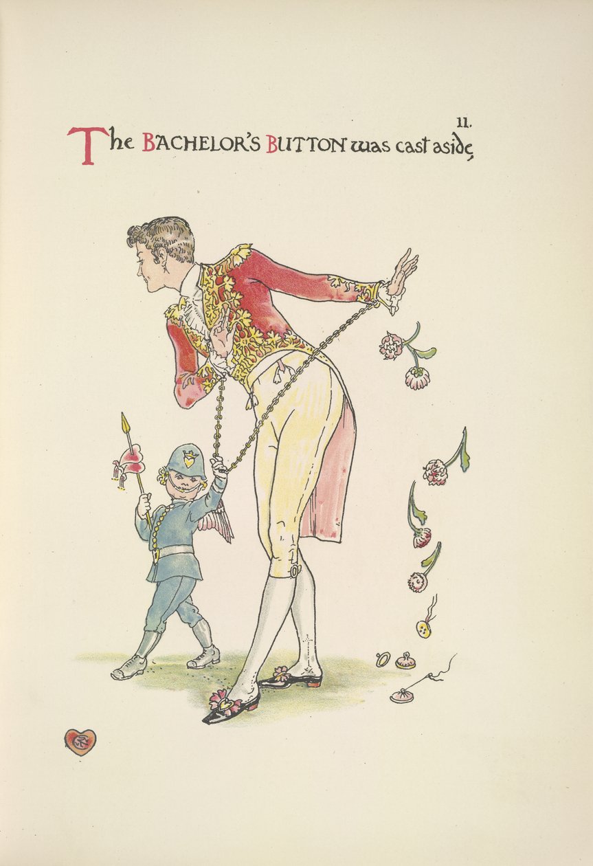 Batchelors knapp. En ung man kedjad vid manschetterna; Cupid leder honom med av Walter Crane