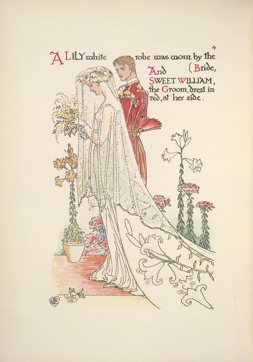 Bruden och brudgummen. En liljevit dräkt som bärs av bruden och söta William, brudgummen, klädd i rött av Walter Crane
