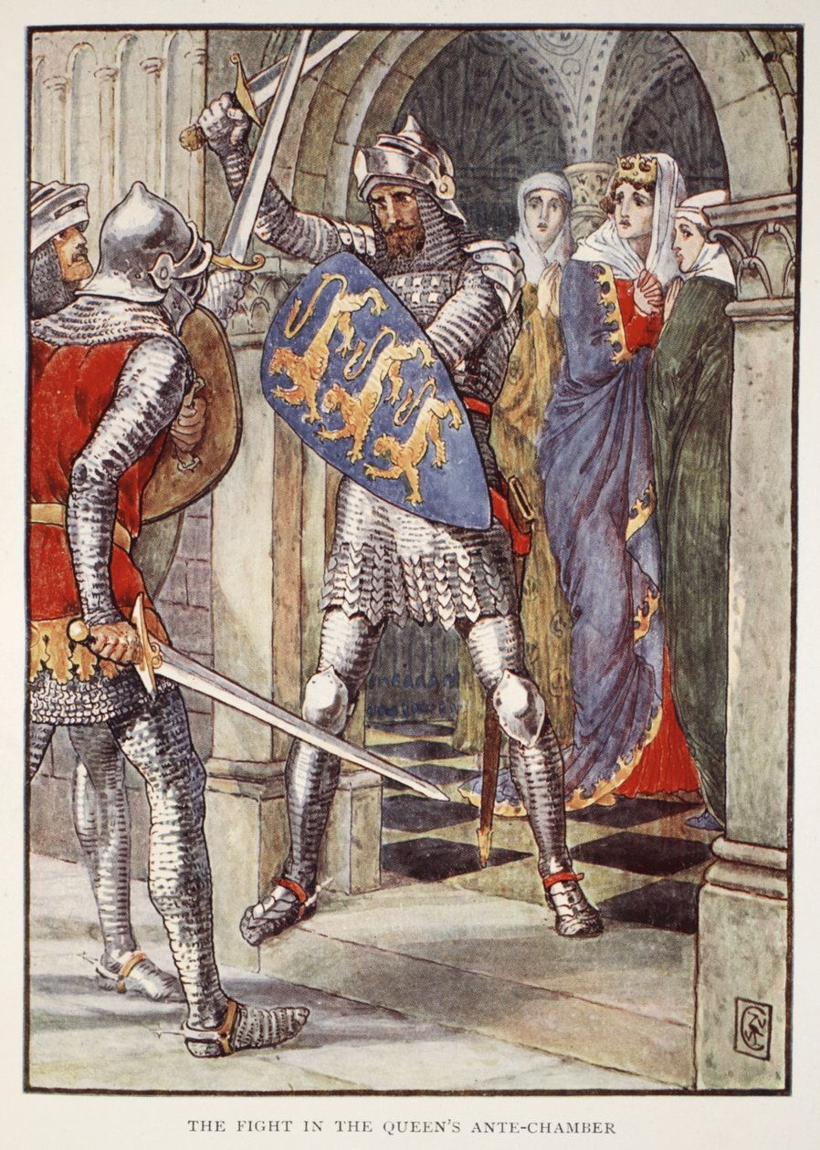 Kampen i drottningens förkammare, från "Stories of the Knights of the Round Table" av Henry Gilbert, första upplagan, 1911 av Walter Crane