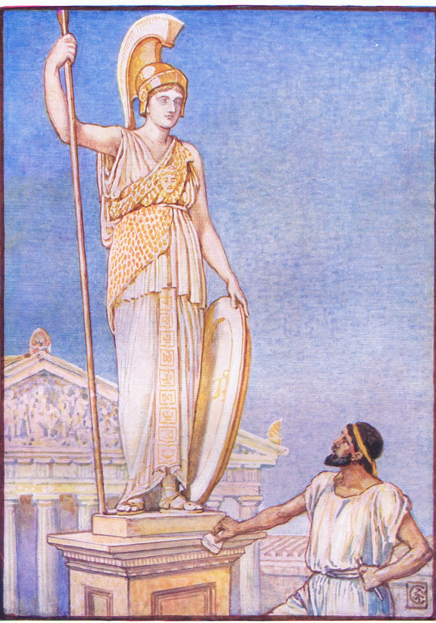 Gudinnans figur var kolossal, illustration från The Story of Greece, 1930-talet av Walter Crane