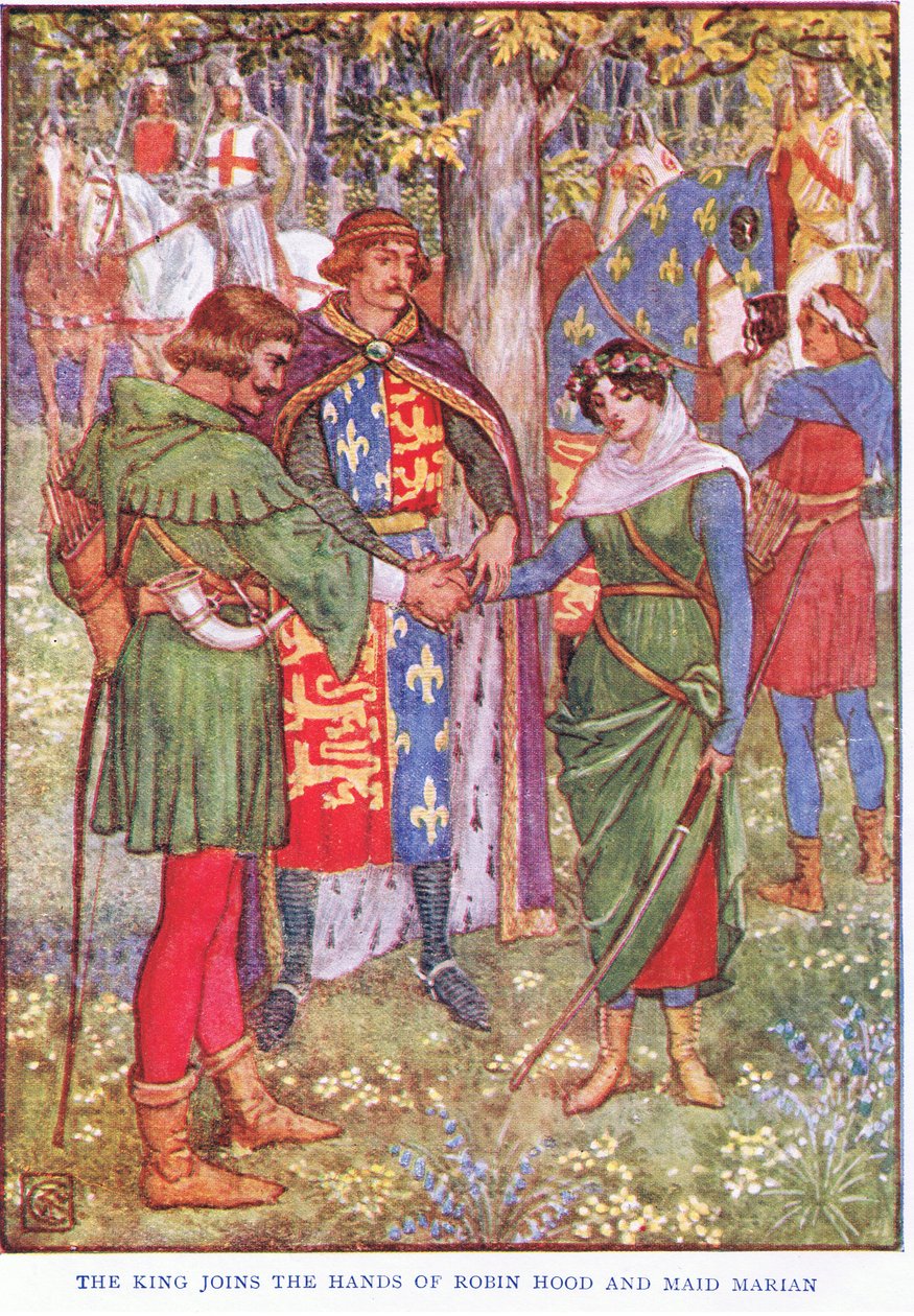 Kungen förenar händerna på Robin Hood och Maid Marian, ca 1920 av Walter Crane