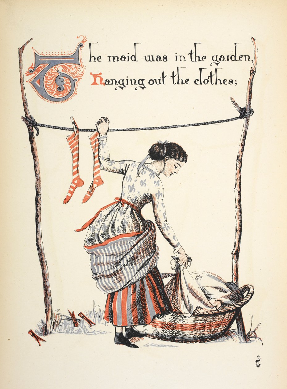 Pigan var i trädgården och hängde ut kläderna. av Walter Crane