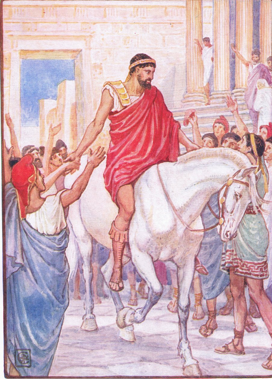 Folkmassan hälsade honom med högljudda acklamationer, illustration från The Story of Greece, 1930-talet av Walter Crane