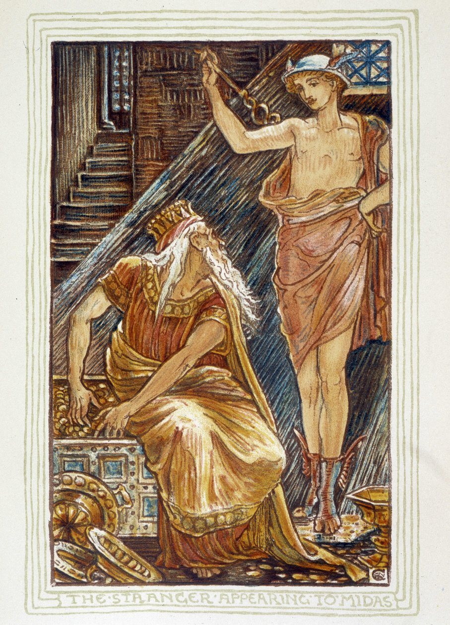 Främlingen som dyker upp för Midas (Hermes apparait devant Midas) - i "" En underbok för flickor och pojkar: hagtorn", av Walter Crane av Walter Crane